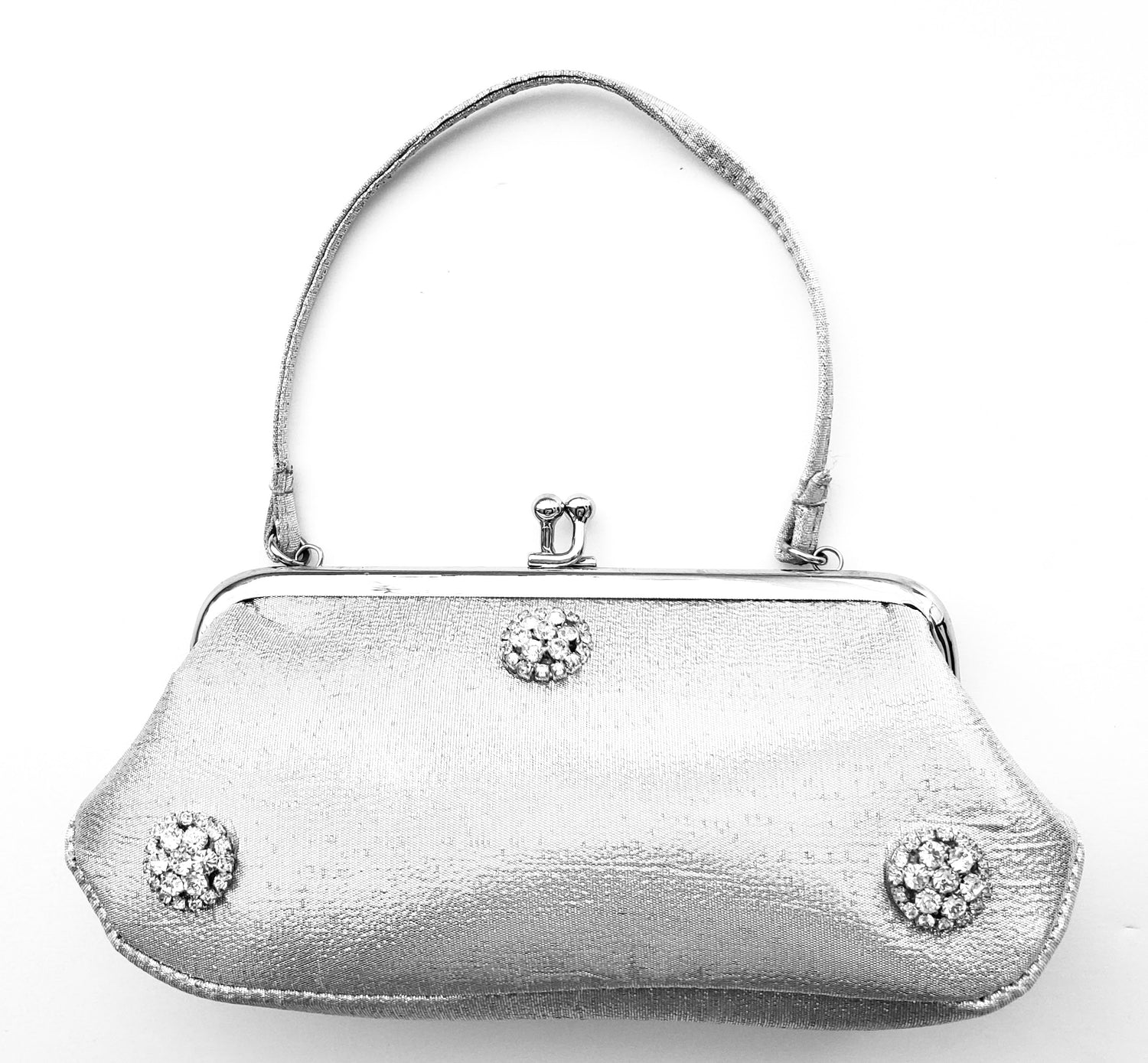 silver lame with silver metal kisslock closure eyeglass/evening purse adorned with 3 silver jewels