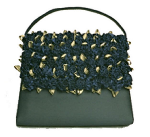 black satin evening purse with front half flap covered in black silk carnation and green leaves