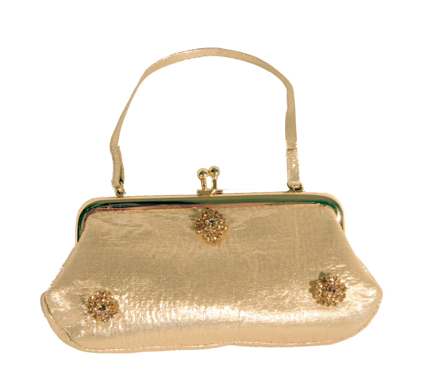 gold lame  with gold metal kisslock eyeglass/evening purse adorned with 3 gold crystal jewels